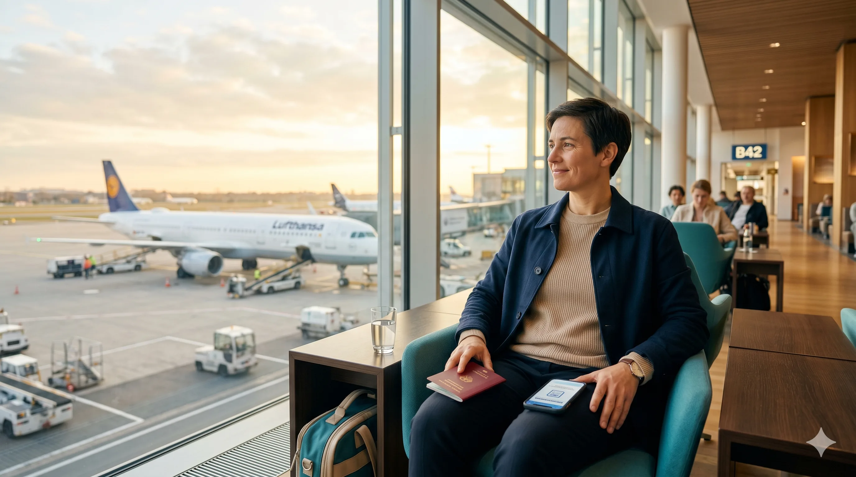 Traveler with passport at airport terminal looking at a Lufthansa aircraft on the tarmac