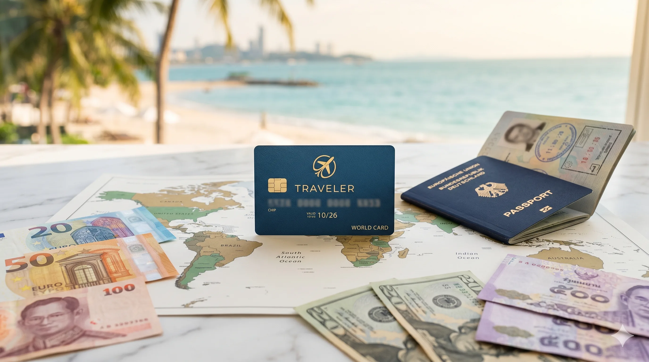Reisekreditkarte auf Weltkarte mit Euro-, Dollar- und Baht-Scheinen und Reisepass am Strand
