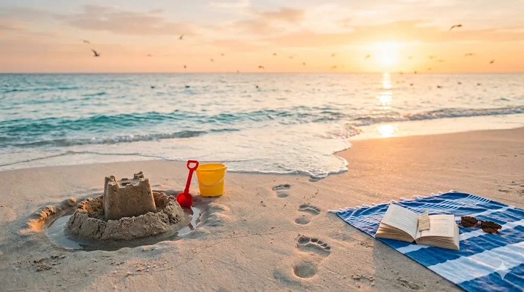 Sandcastle with red children's bucket and spade on a sandy beach at sunset, footprints in wet sand and striped beach towel with book by the ocean