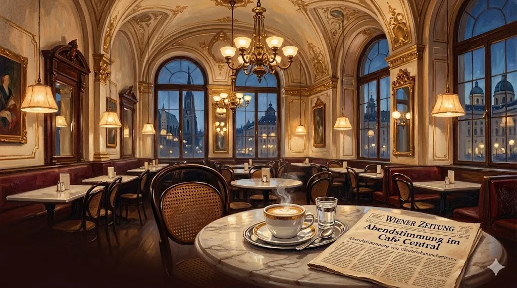 Elegantes Wiener Kaffeehaus mit Stuckdecke, Kristallluster, Thonet-Stühlen und Wiener Zeitung auf dem Marmortisch