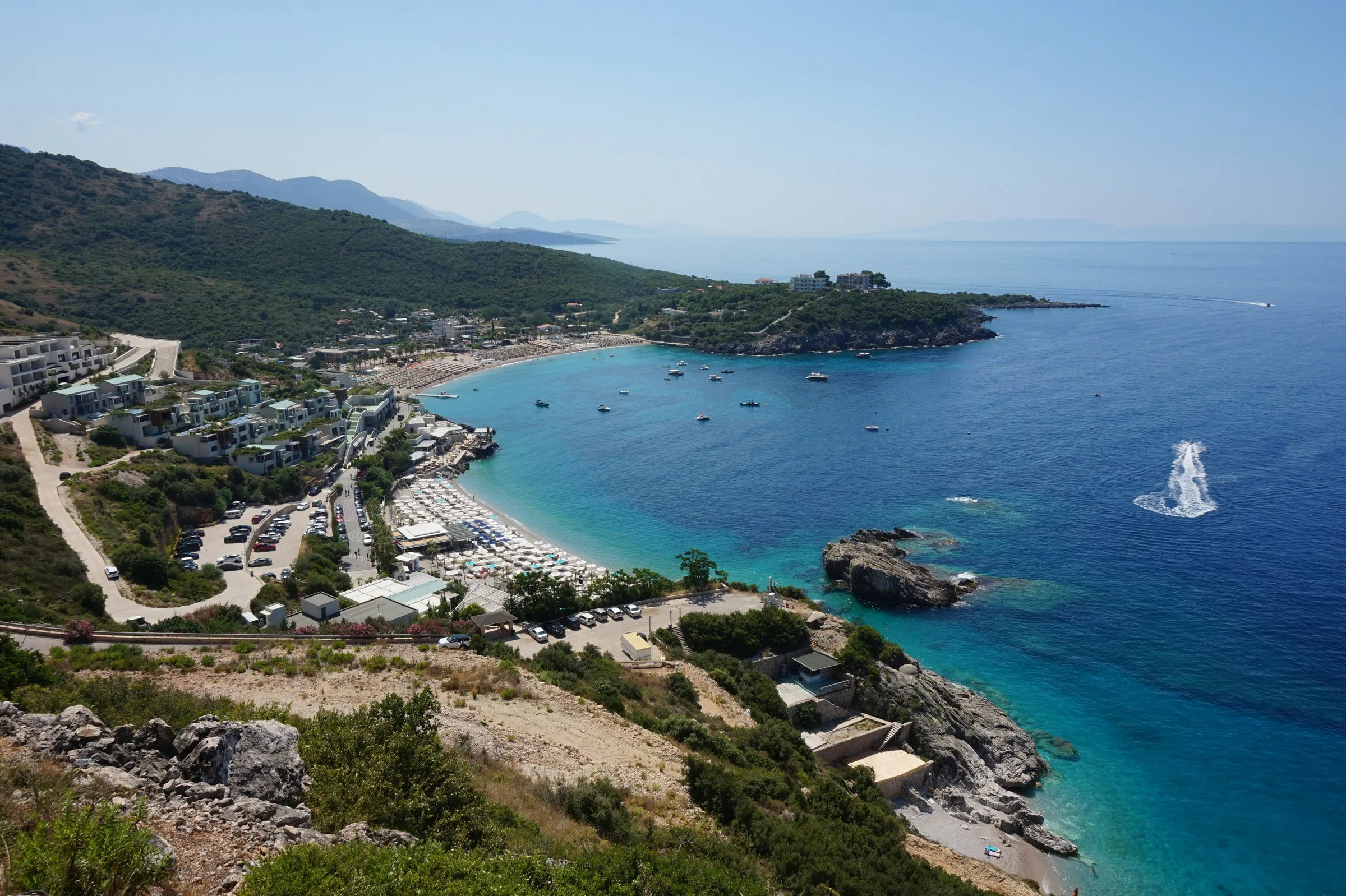 Mountain landscape and sea view along Albania's Riviera at sunset