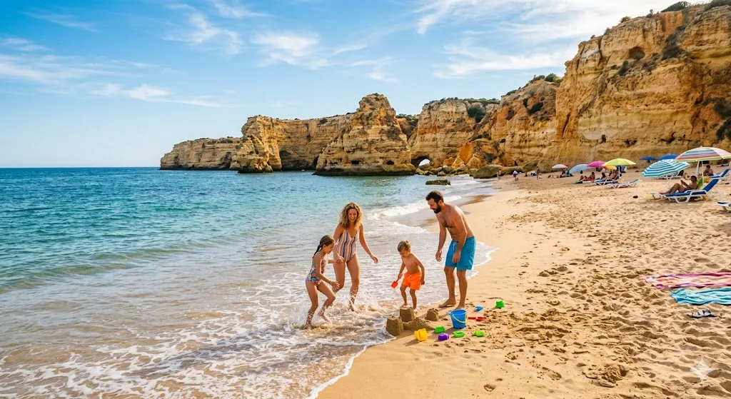 Family with children playing at the water's edge on a sandy Algarve beach with golden sandstone cliffs in the background