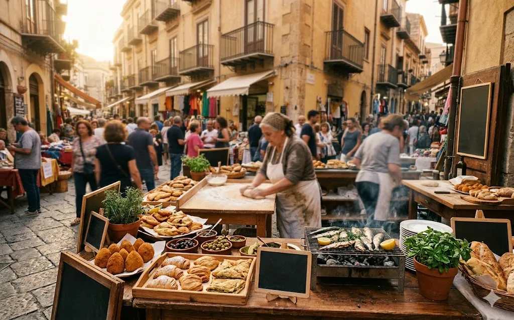Busy street market with fresh food stalls and vegetable vendors in a European old town