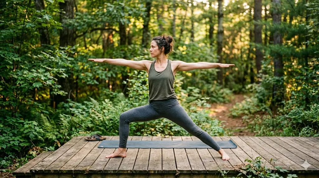 Woman in Warrior II yoga pose on a wooden deck surrounded by a summer forest