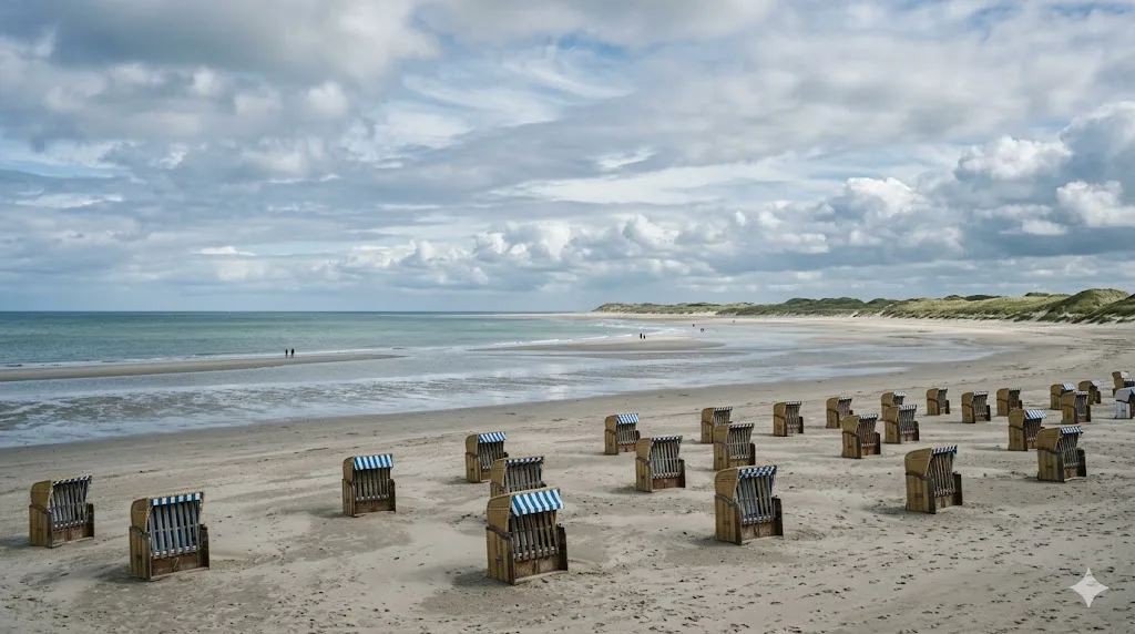 Expansive sandy beach on the North Sea coast with scattered beach chairs, turquoise water, and overcast sky, typical North Frisian coastal landscape