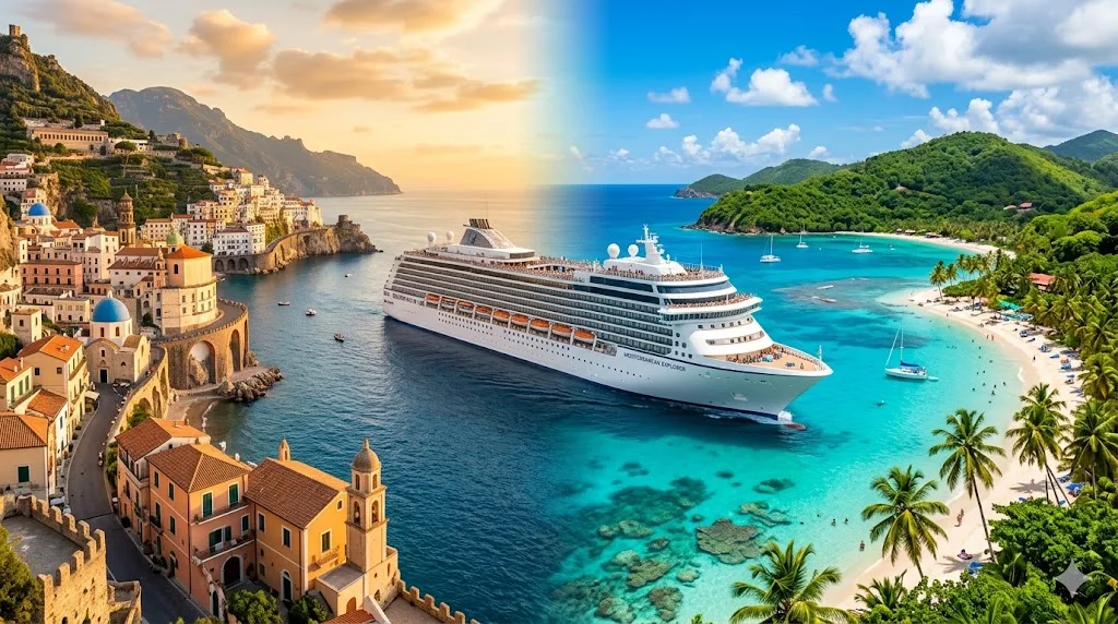 Cruise ship in a split view between a Mediterranean coastal village at sunset and a Caribbean tropical bay with palm trees and turquoise water