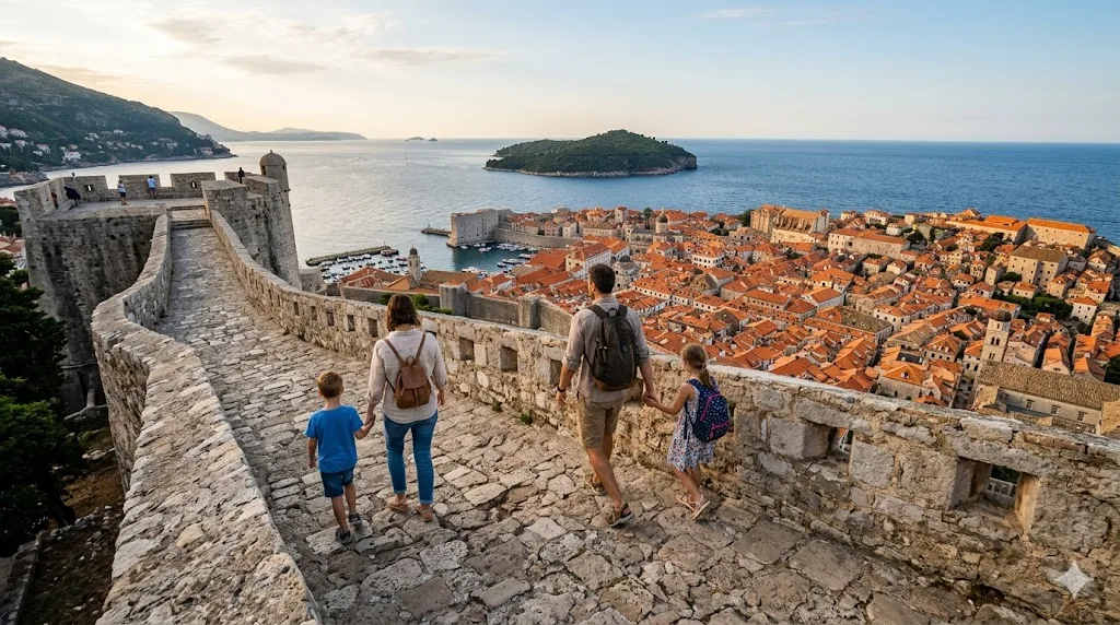 Family with two children walking along a historic city wall overlooking red rooftops and the sea