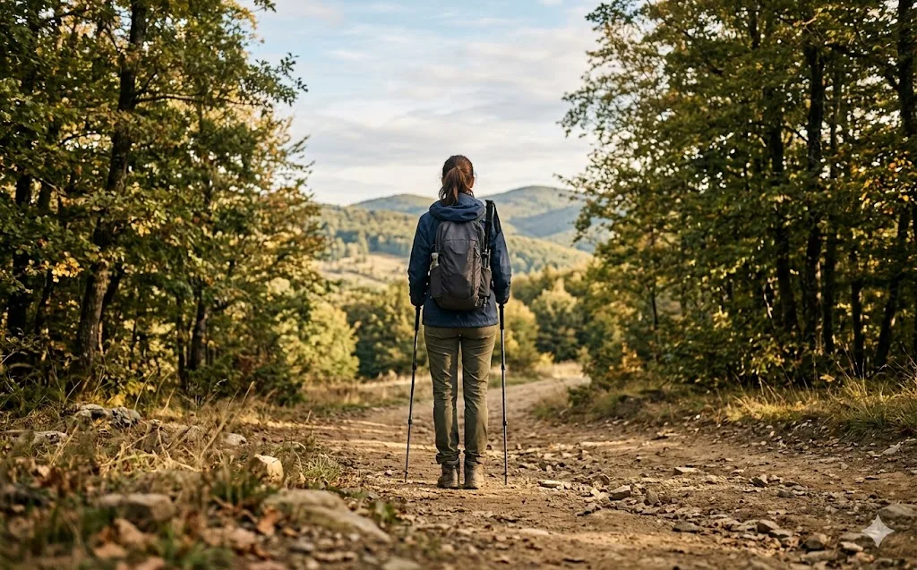 Beginner hiker with backpack on a forest trail