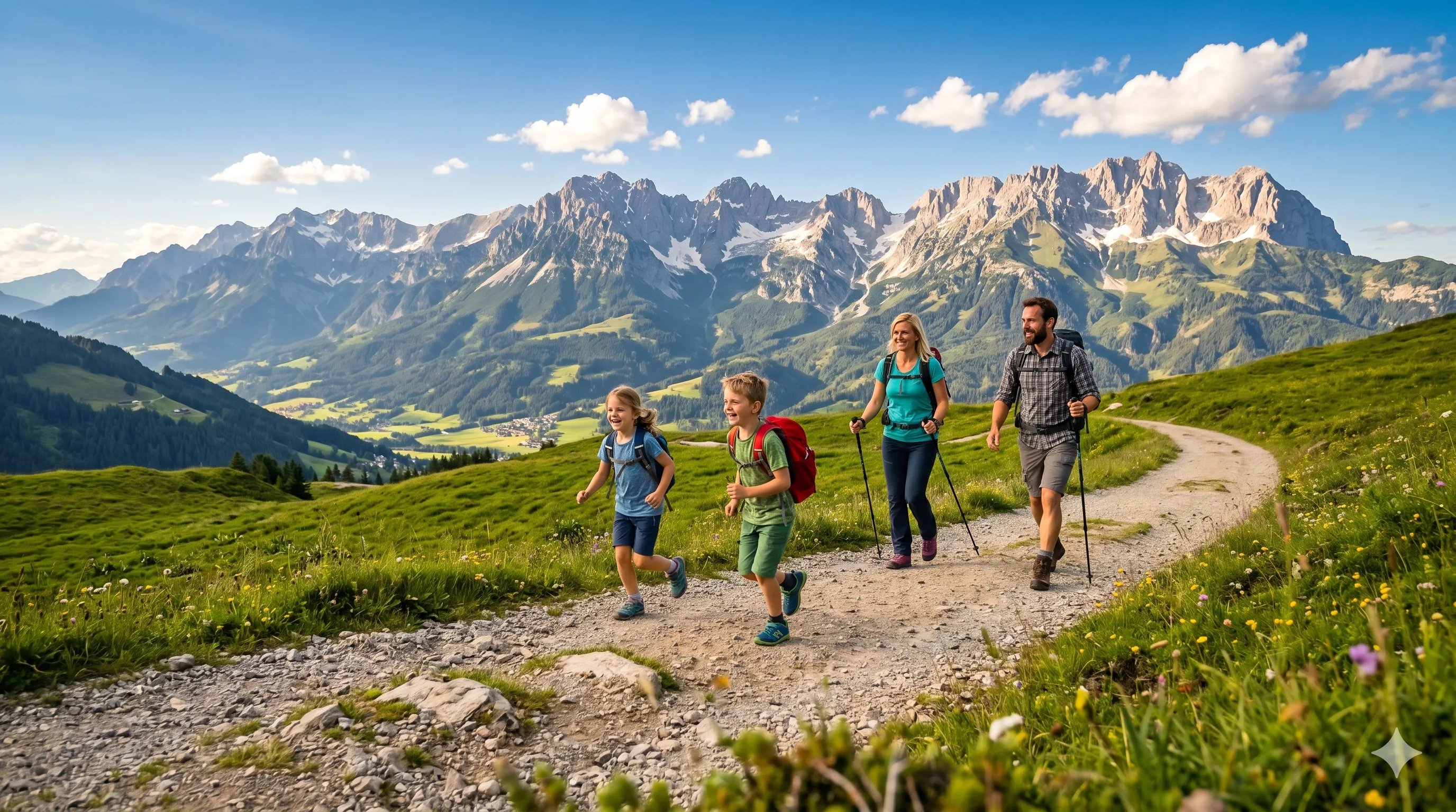 Familie mit zwei Kindern beim Wandern auf einem Almweg in Tirol mit grünen Bergwiesen und markanten Felsbergen im Hintergrund