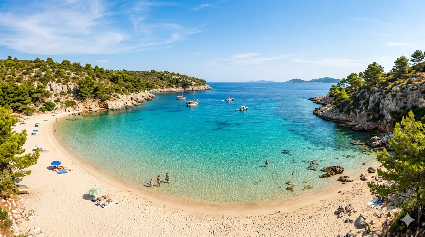 Turquoise Mediterranean cove with a fine sandy beach surrounded by pine-covered hills, bathers in the shallow, clear water