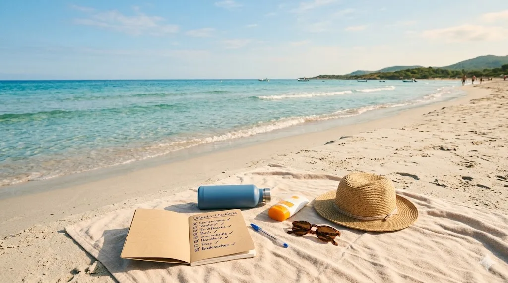 Beach essentials on white sand – straw hat, sunglasses and book in front of turquoise sea