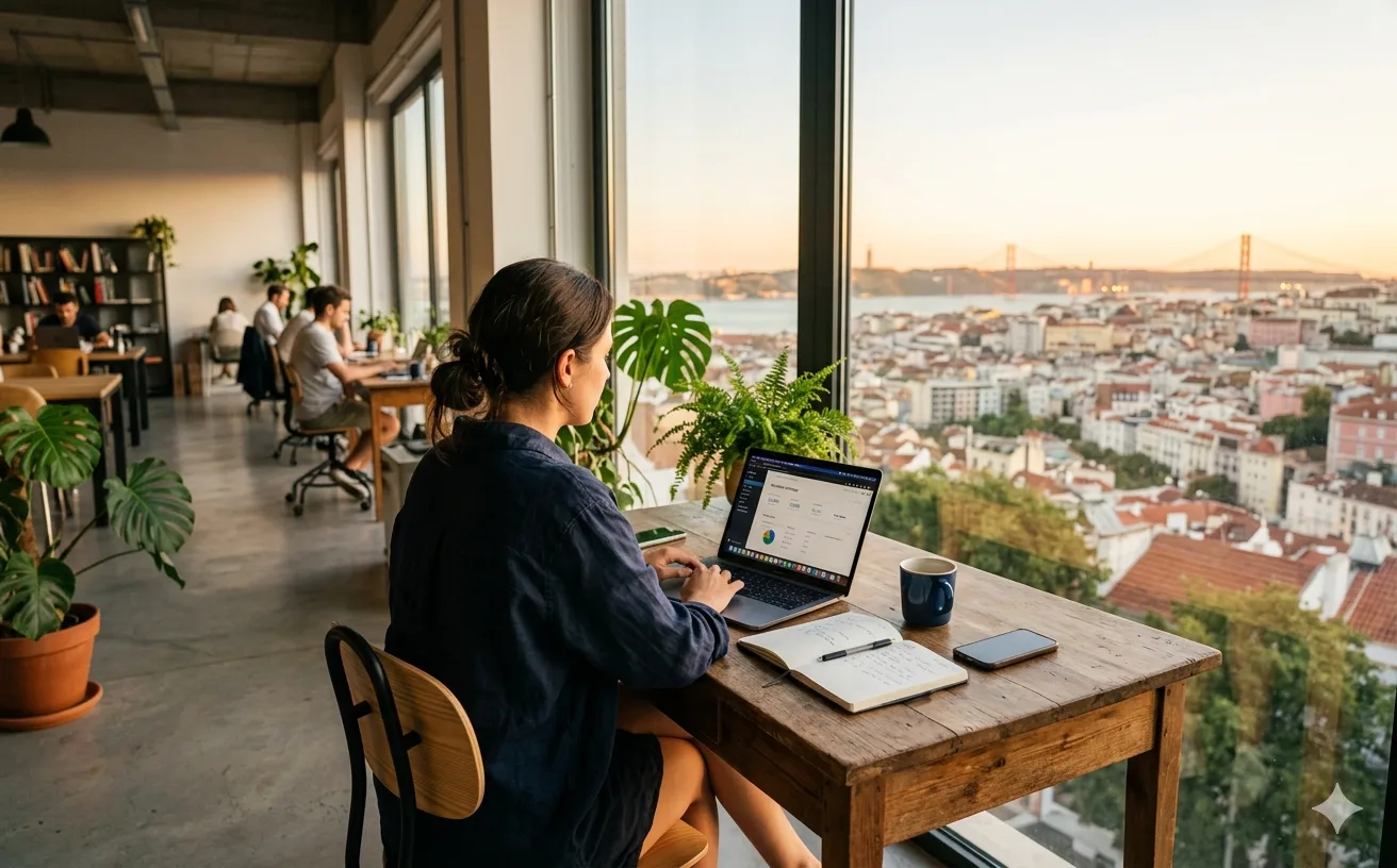 Woman working on laptop in a coworking space with panoramic view over Lisbon