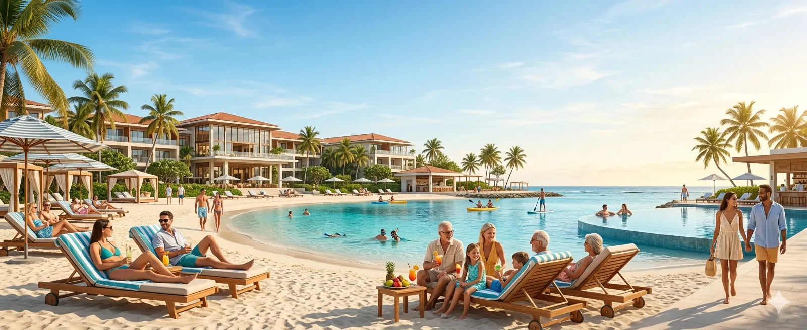 Familien am Pool eines tropischen All-Inclusive-Resorts mit Palmen und Sandstrand