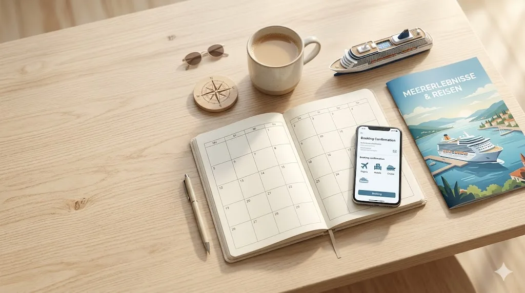 Cruise booking planning flat-lay with open calendar notebook, smartphone showing booking app, cruise brochure, compass and coffee mug on a wooden table