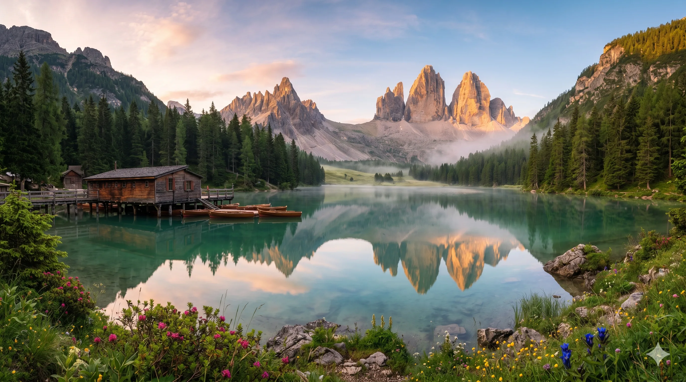 Alpine mountain lake in the South Tyrolean Dolomites with a boathouse and the Tre Cime peaks at dusk