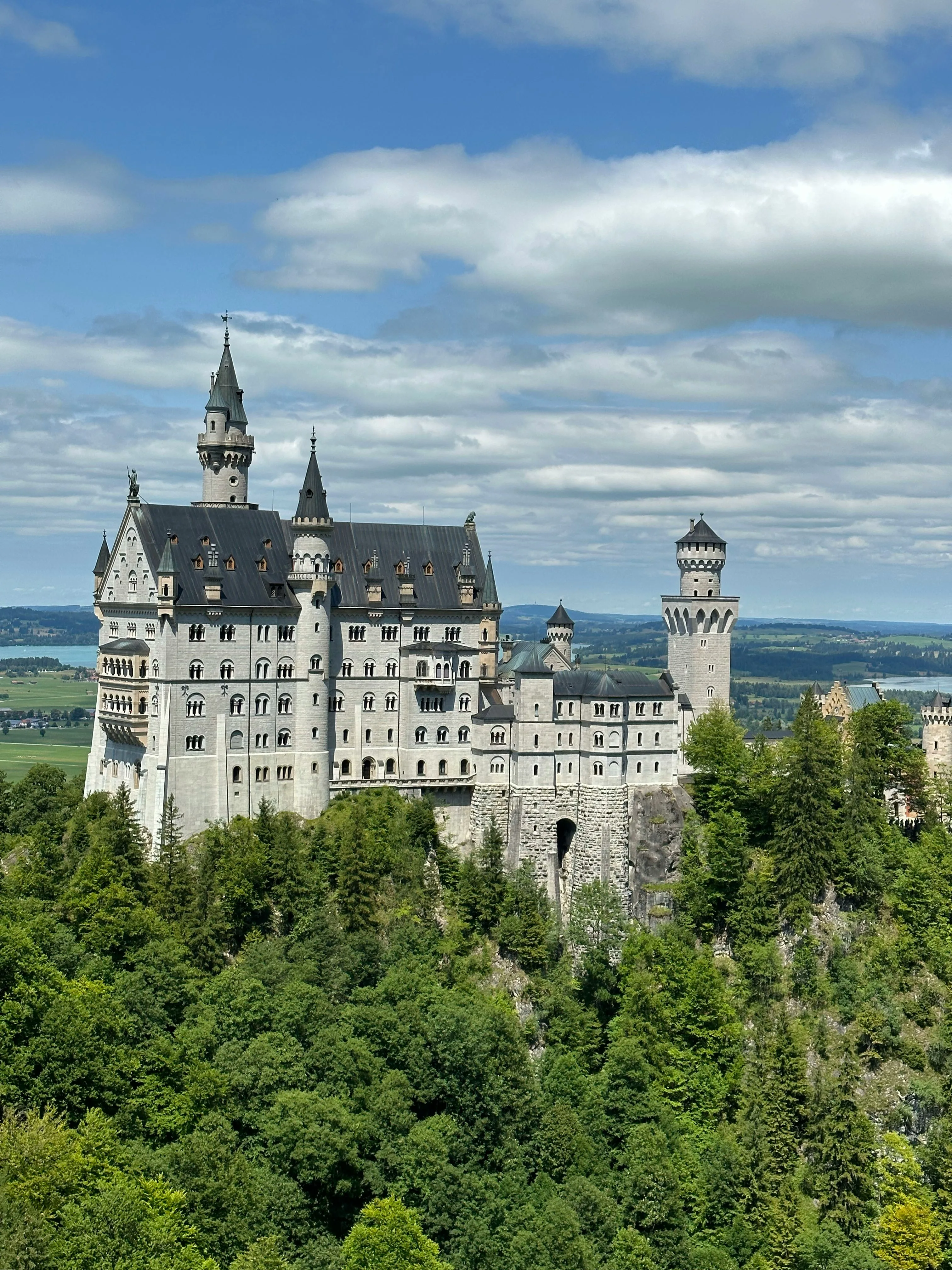 Neuschwanstein Castle perched on a wooded hill in the Allgäu, Bavaria