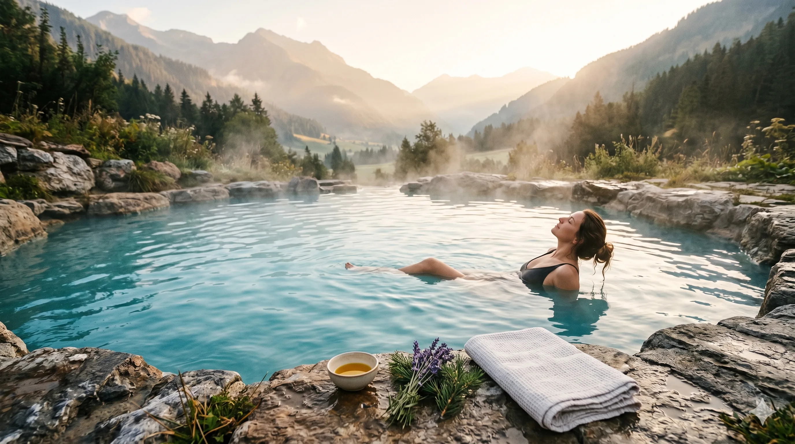 Woman relaxing in a natural thermal pool with steaming turquoise water and alpine mountain backdrop in morning light