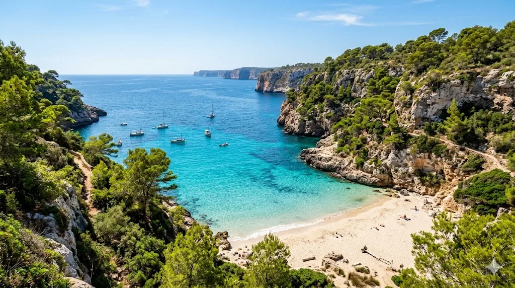 Clear turquoise bay on Mallorca's coast with limestone cliffs and pine-forested hillsides, typical Mediterranean landscape