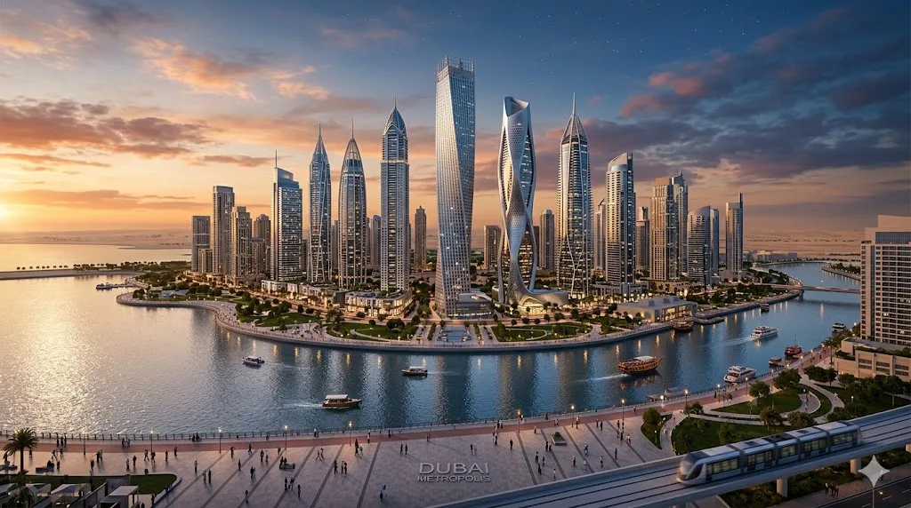 Dubai Marina skyline at sunset – modern skyscrapers reflected in the water