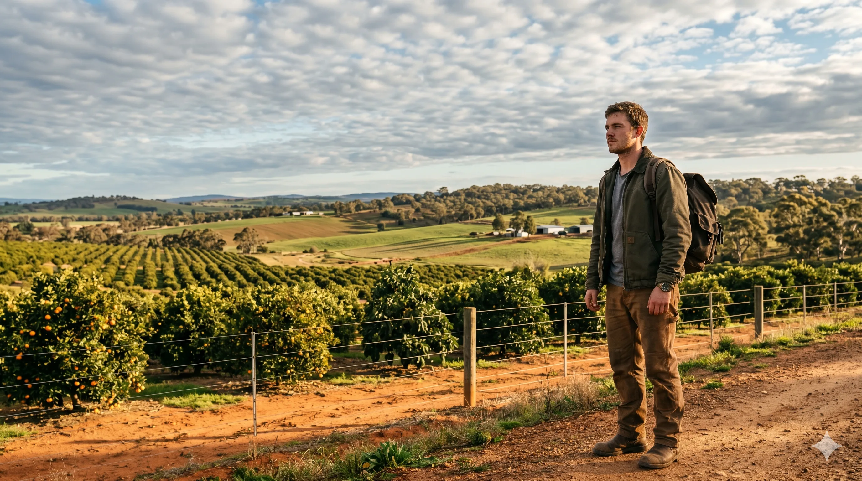 Junger Reisender mit Rucksack an australischer Obstfarm mit weitläufiger Agrarlandschaft