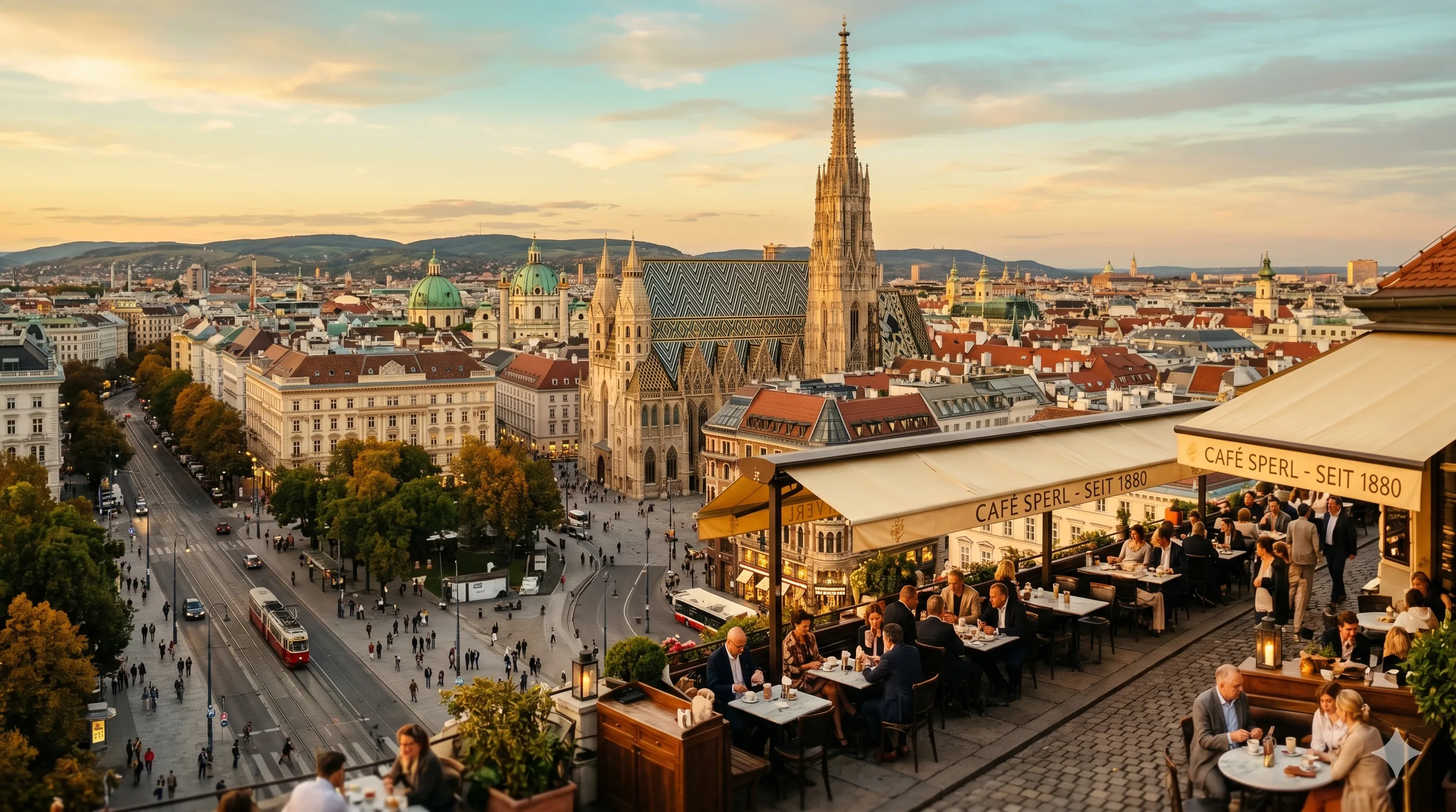Blick vom Dachterrassencafé über die Wiener Innenstadt mit dem Stephansdom im Abendlicht