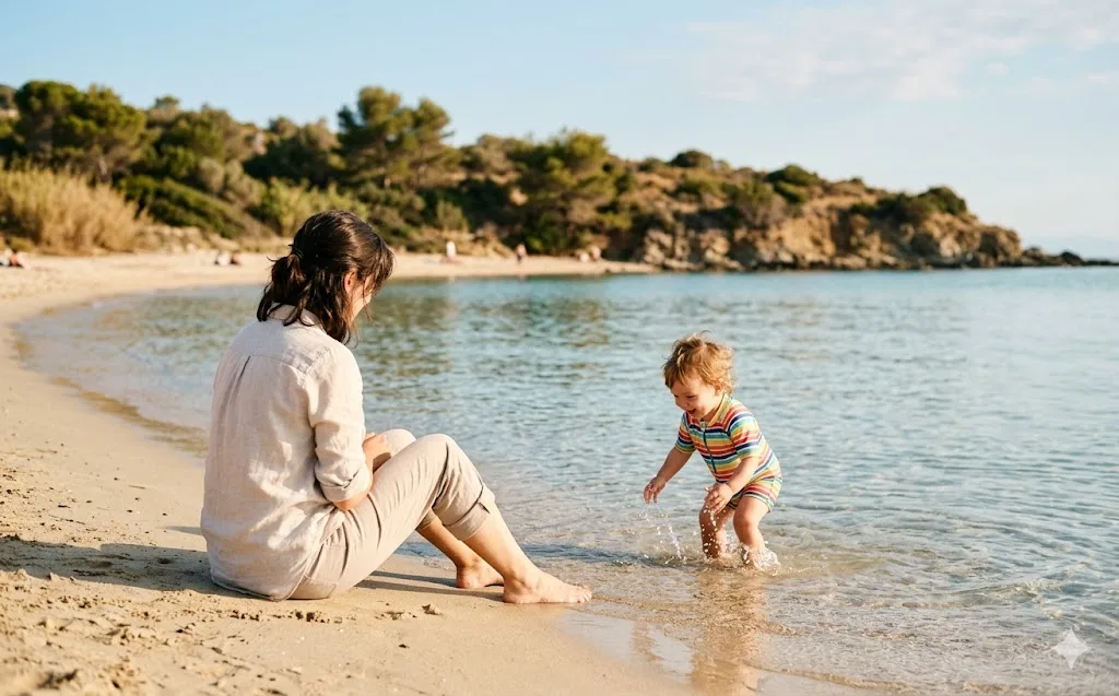 Mother and toddler on a sandy beach in Italy — mother sitting in sand, toddler splashing in shallow water, Mediterranean vegetation in the background