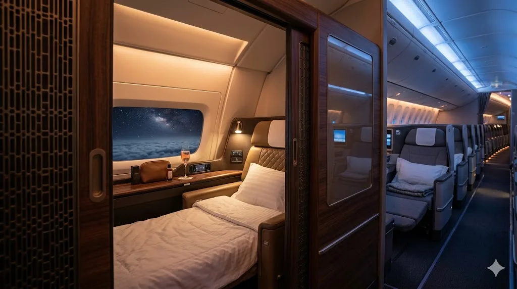Business class cabin with fully flat bed and white bedding