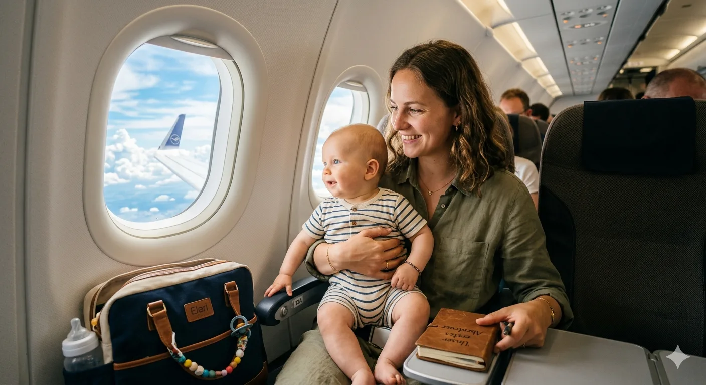 Mother holding her baby on her lap in an airplane cabin with mountain view through the window