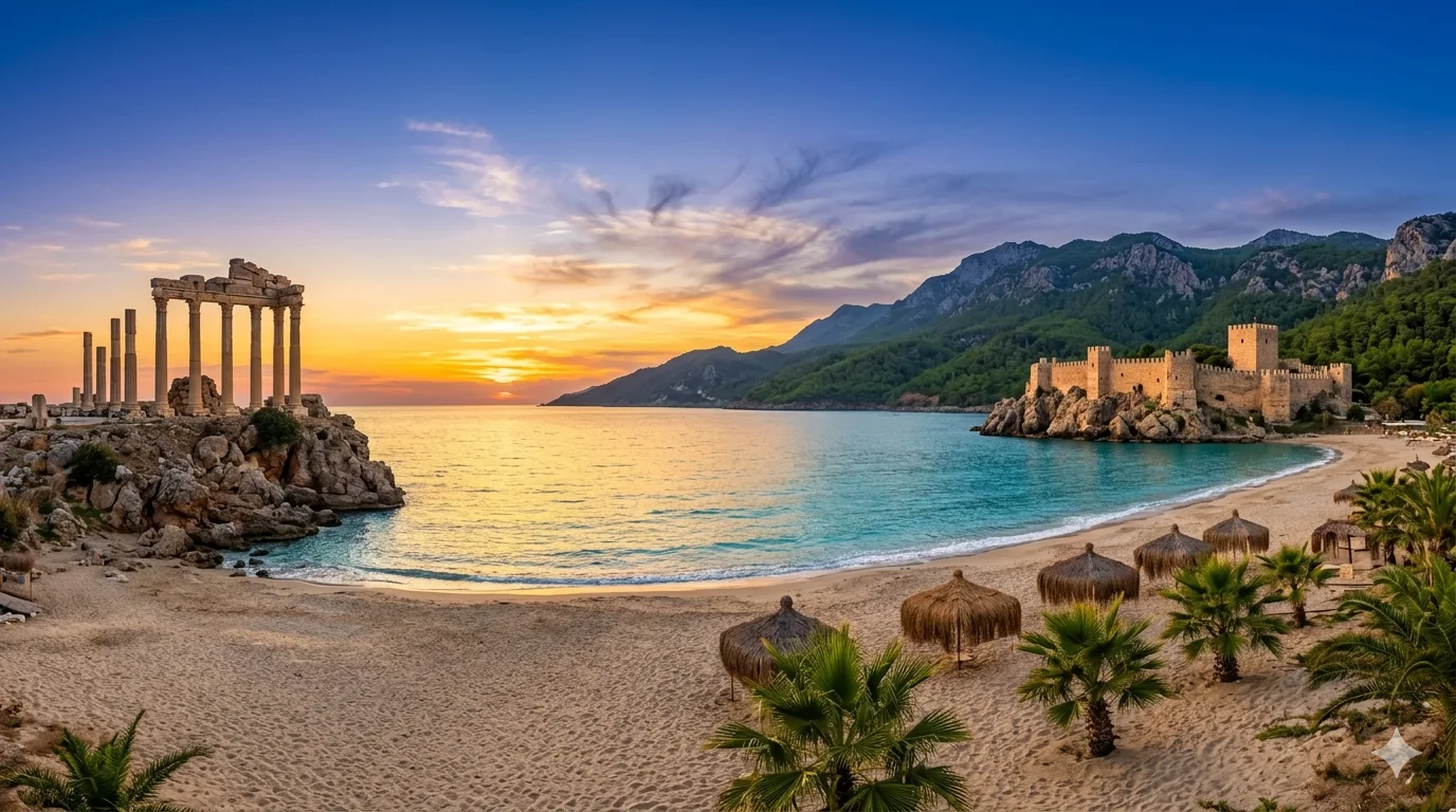 Turkish Riviera at sunset: ancient Apollo Temple columns at Side, turquoise sea, Alanya Castle on the rock, and Taurus Mountains in the background