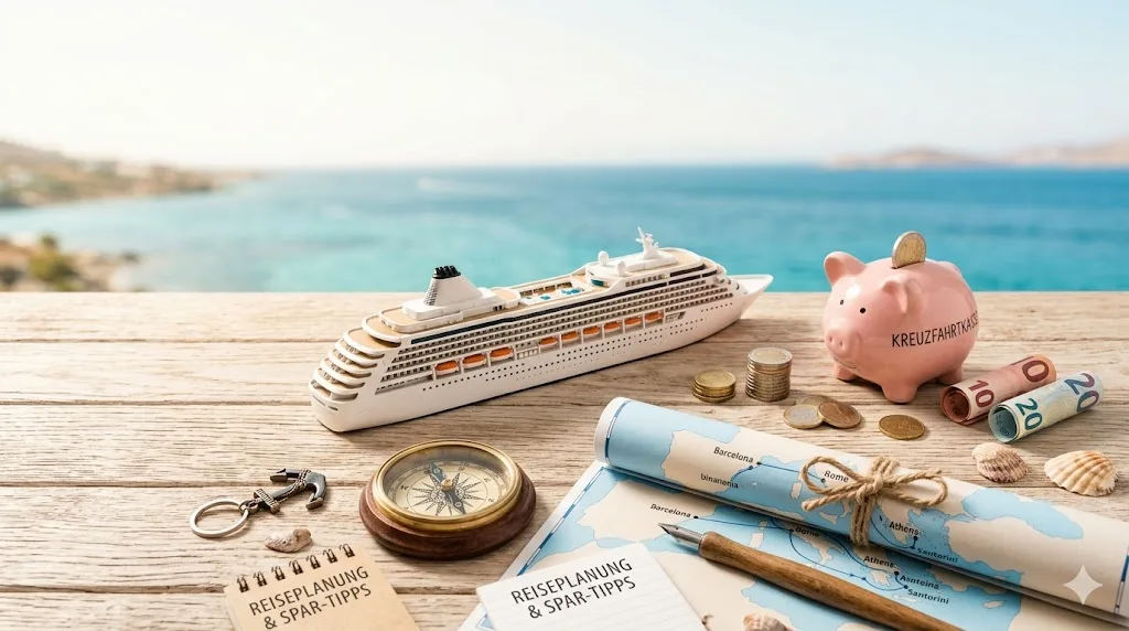 Cruise savings symbols on a sea dock: piggy bank with coins, cruise ship miniature, compass, nautical chart and Mediterranean coast in the background
