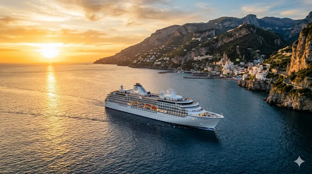 Large cruise ship at sunset in front of a Mediterranean rocky coastline